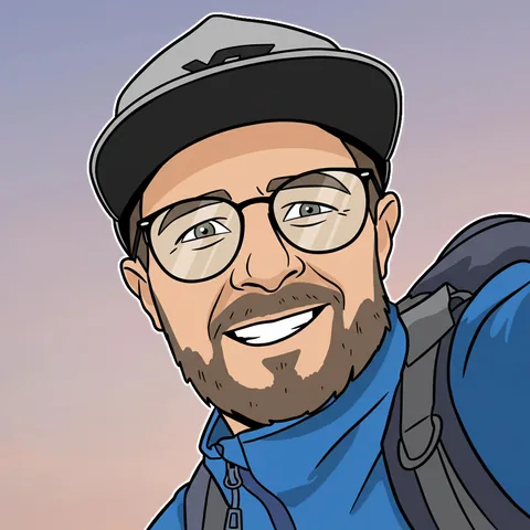 Comic portrait of Tobi Eichner with a cap, glasses and a beard